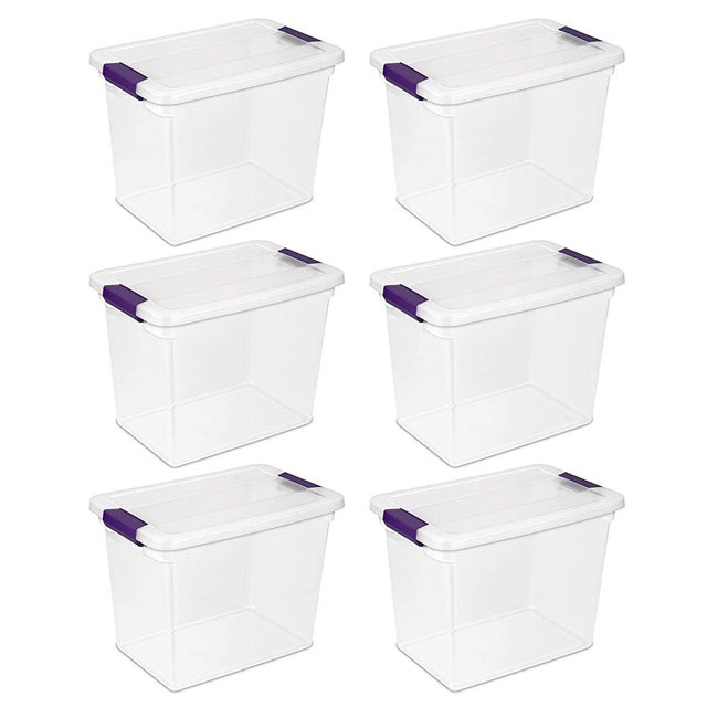 Sterilite 17631706 27 Quart/26 Liter ClearView Latch Box, Clear with Sweet Plum Latches, 6-Pack
