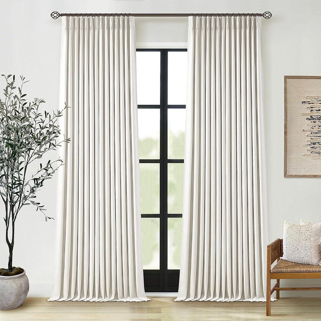 102 Inches Long Pinch Pleated Linen Blackout Curtains for Bedroom Back Tab Track Memory Trained Shape Farmhouse Light Blocking Curtains 102 Inch Length for Living Dining Room Darkening Curtain Cream