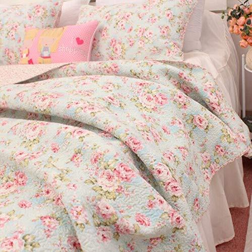 Kolachic 3 PCS Country Cottage Floral Bedspread Quilt Coverlet Patchwork 100% Cotton Light Blue Queen Size