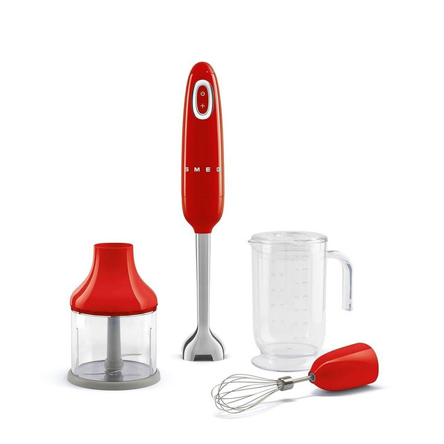 SMEG Handheld Immersion Blender with Beaker, Chopping Bowl w/Lid, Wire Whisk, 5 Speed Controls, made with Stainless Steel Blades and Ergonomic Design (Red)