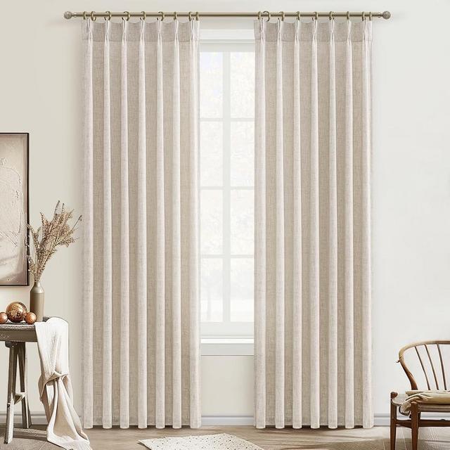 Pinch Pleat Semi Sheer Curtains 84 Inches Long for Bedroom,Elegant Natural Beige Faux Linen Light Filtering Heat Textured Curtains 2 Panels Set with Track Hooks/Rings for Living Room Windows W40 xL84