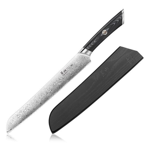 Cangshan KURO Series 9-Inch Bread Knife with Sheath, High Carbon X-7 Damascus Steel, 504241