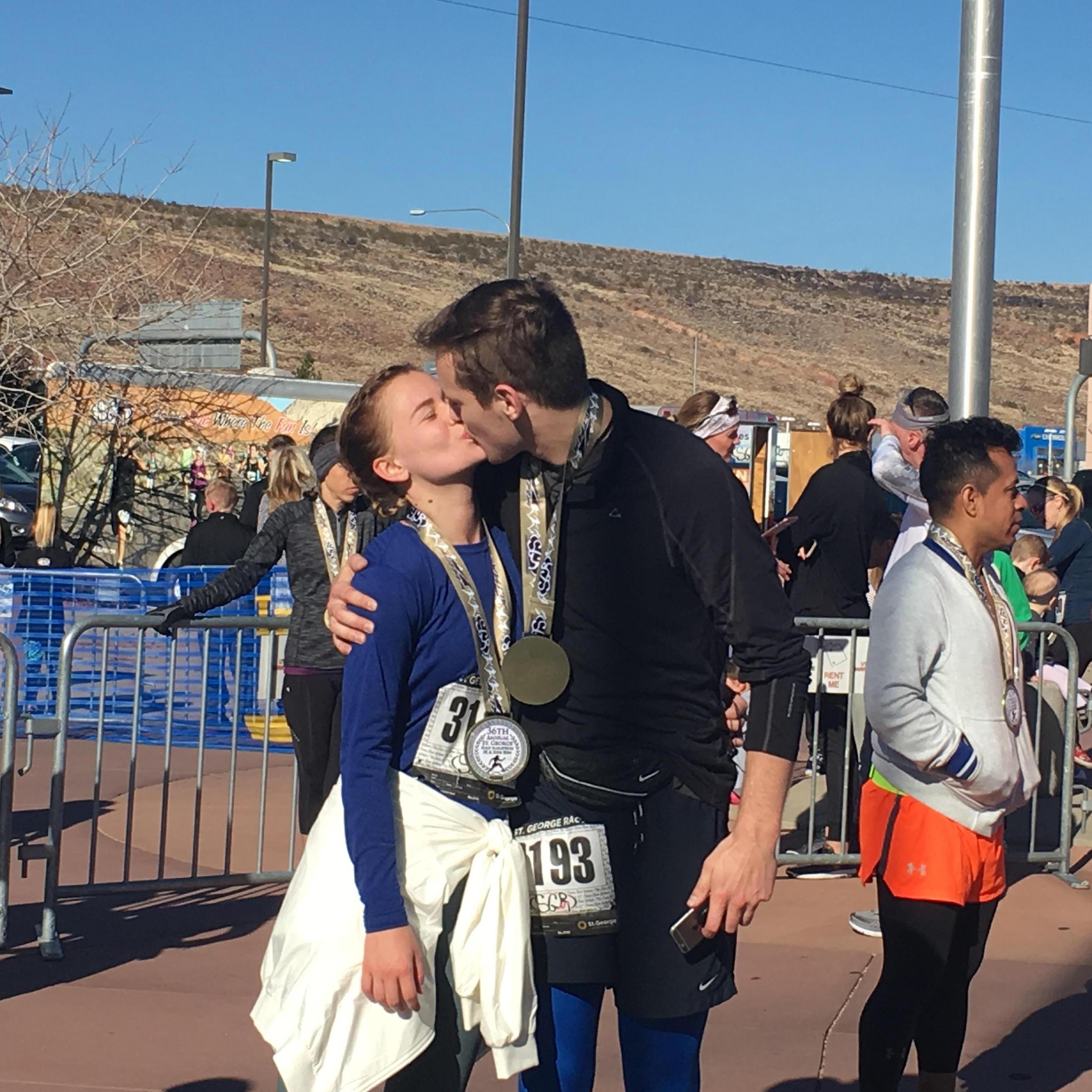 post-run pics. The couple that runs together stays together! Plus, in the event of an apocalypse, we could outrun nearly any zombie or alien or monster.