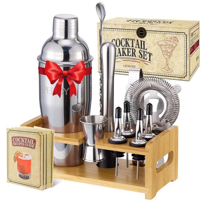 Pejoy Cocktail Shaker Bartender Kit-12 Piece Cocktail Shaker Set with Stand, Stainless Steel Bar Set Tools Drink Mixer Set with Martini Shaker,Strainer,Jigger,Bar Spoon,Muddler, Gift for Men Dad & Him
