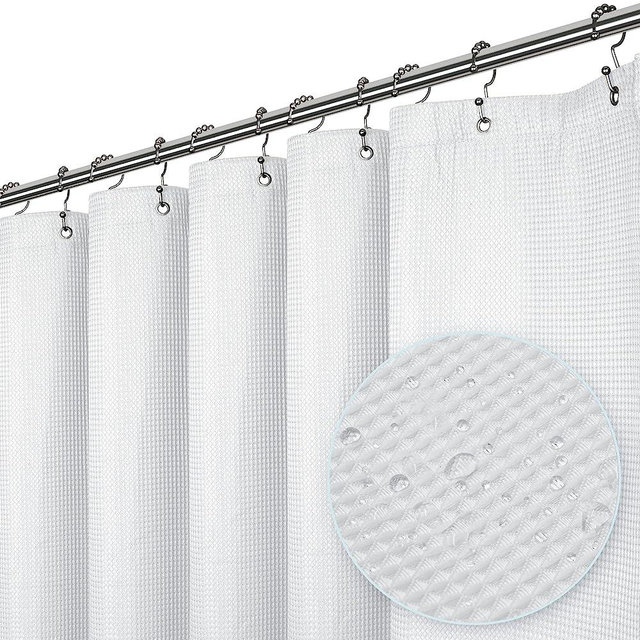 LiBa Waffle Weave Fabric White Shower Curtain, 72” W x 72” H Water Repellent & Heavyweight, Hotel Quality & Machine Washable Cloth Linen Shower Curtains Set and Shower-Liner for Bathroom