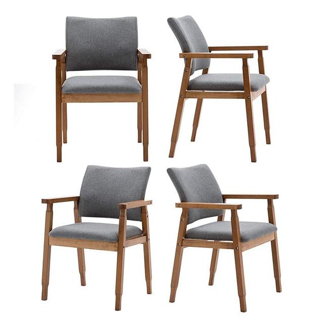 Set of 4 Mid Century Modern Walnut Dining Chairs Wood Arm Grey Fabric Kitchen Cafe Living Room Decor Furniture