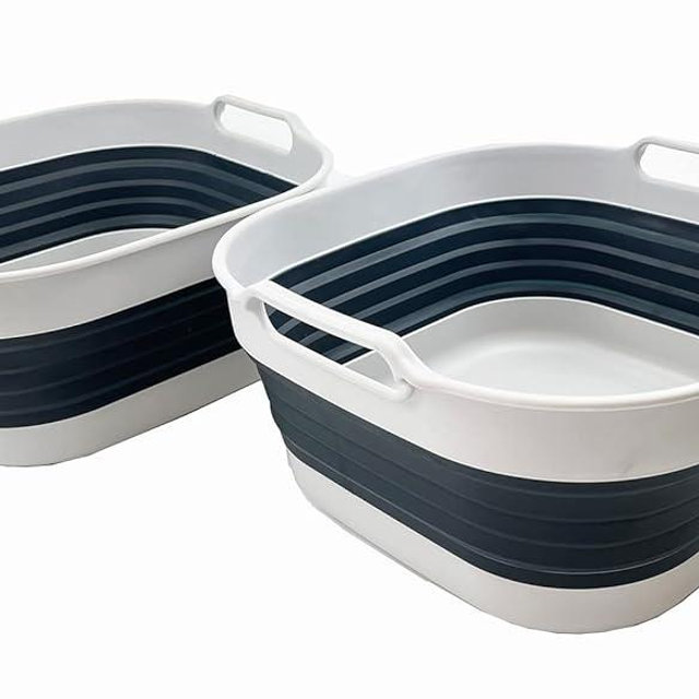 SAMMART 10L (2.64 Gallon) Collapsible Dishpan - Foldable Washing Basin - Portable Dish Washing Tub - Space Saving Kitchen Storage Tray (Grey/Slate Grey (Set of 2))