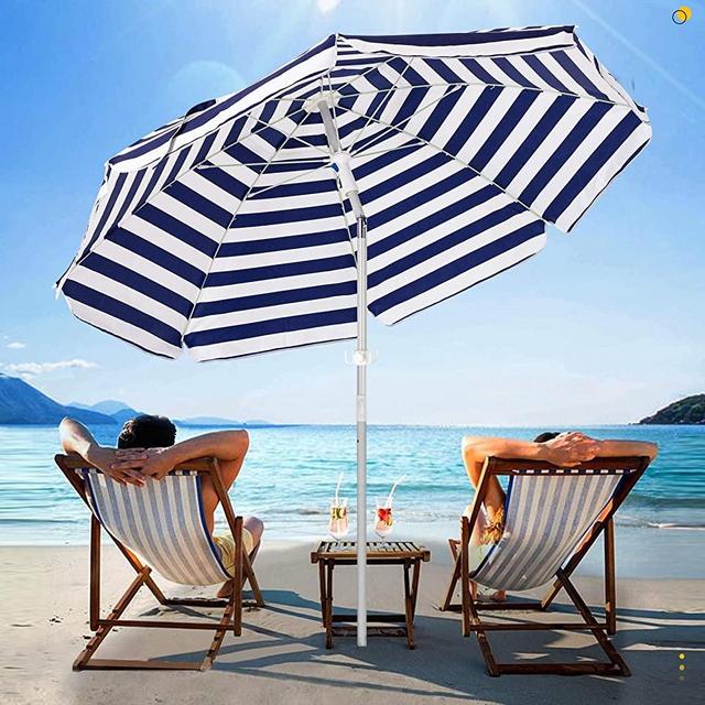 SERWALL 7.5FT Beach Umbrella UV 50+ Outdoor Portable Sunshade Umbrella with Sand Anchor, Push Button Tilt and Carry Bag for Patio Outdoor Garden Beach (Navy-White Stripe)