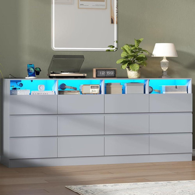 Gyfimoie 6-Drawer Dresser with Divided Compartments, Charging Station & LED Lights, 63" Wide TV Stand for TVs up to 75", Large Organizer with 4 Open Cubbies, Light Grey (Light Grey, 6 Drawers)