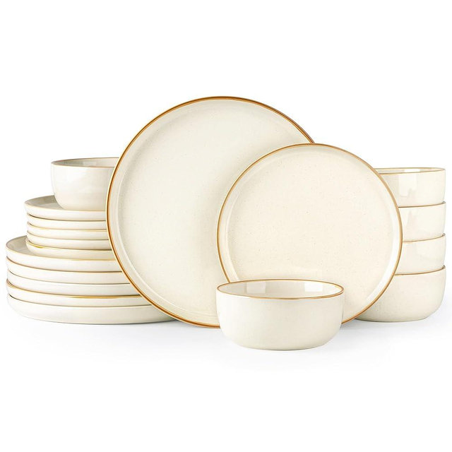 AmorArc Dinnerware Set, 18 Piece Ceramic Plates and Bowls, Stoneware Plates Handpainted, Dishwasher & Microwave Safe (Speckled Beige, Service for 6)