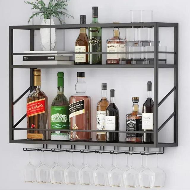 ZAOBAS Wall Mounted Wine Rack with Glass Holder，Stylish Mini Floating Bar Shelves for Liquor Bottle Display in Dining Room, Kitchen, Living Room (47.2”W x 26”H x 7.8”D)
