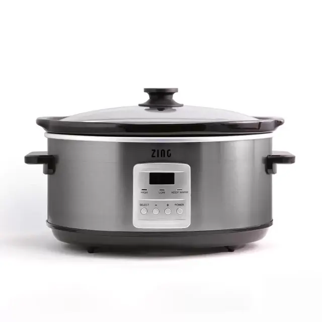 7 Qt. Oval Dark Stainless Steel Programmable Slow Cooker with Glass Lid