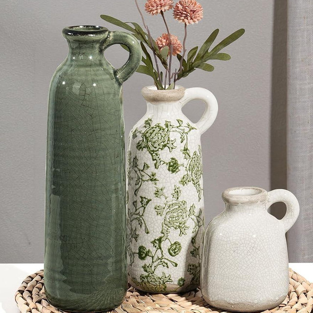 Ceramic Vase Set, 3Pcs Flower Vases for Modern Boho Farmhouse Decor, Decorative Vases for Pampas Grass & Dried Flowers, Distressed Finish
