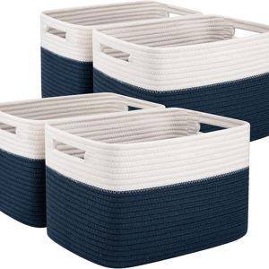 OIAHOMY 4 Pack Storage Baskets for Organizing, Basket for Shelves with Handle, Woven Baskets for Storage Toys, Towels, Books, Cotton Rope Basket 13" L x 9 " W x 7.8 " H, Blue & White