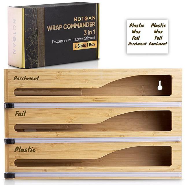 HOTCAN WrapCommander 3 in 1 Plastic Wrap Dispenser with Cutter for 12'' Roll, Wax, Foil and Plastic Wrap Organizer, Kitchen Drawer Organizer with Labels for Parchment, Aluminum, Wax and Cling Wrap