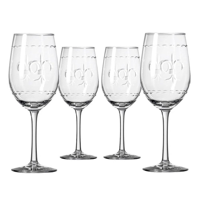 Rolf Glass Fleur De Lis White Wine Glass 12 ounce - Stemmed Wine Glasses Set of 4 – Lead-Free Glass - Diamond Wheel Engraved Wine Glasses - Made in the USA