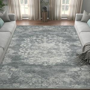 jinchan Washable Area Rug 6x9 for Living Room - Soft Faux Wool Ultra-Thin Stain Resistant Non-Slip Distressed Vintage Floral Rug Large Carpet for Bedroom,Dining Room,Home Office,Nursery(Grey, 6'x9')
