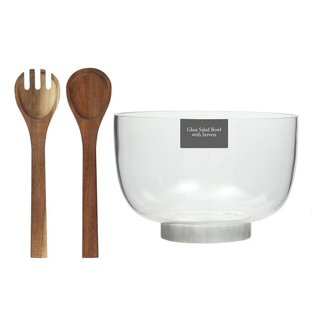 Gibson Elite Wildgreens Large Glass Salad Bowl Set with Marble Base and Acacia Serving Utensils