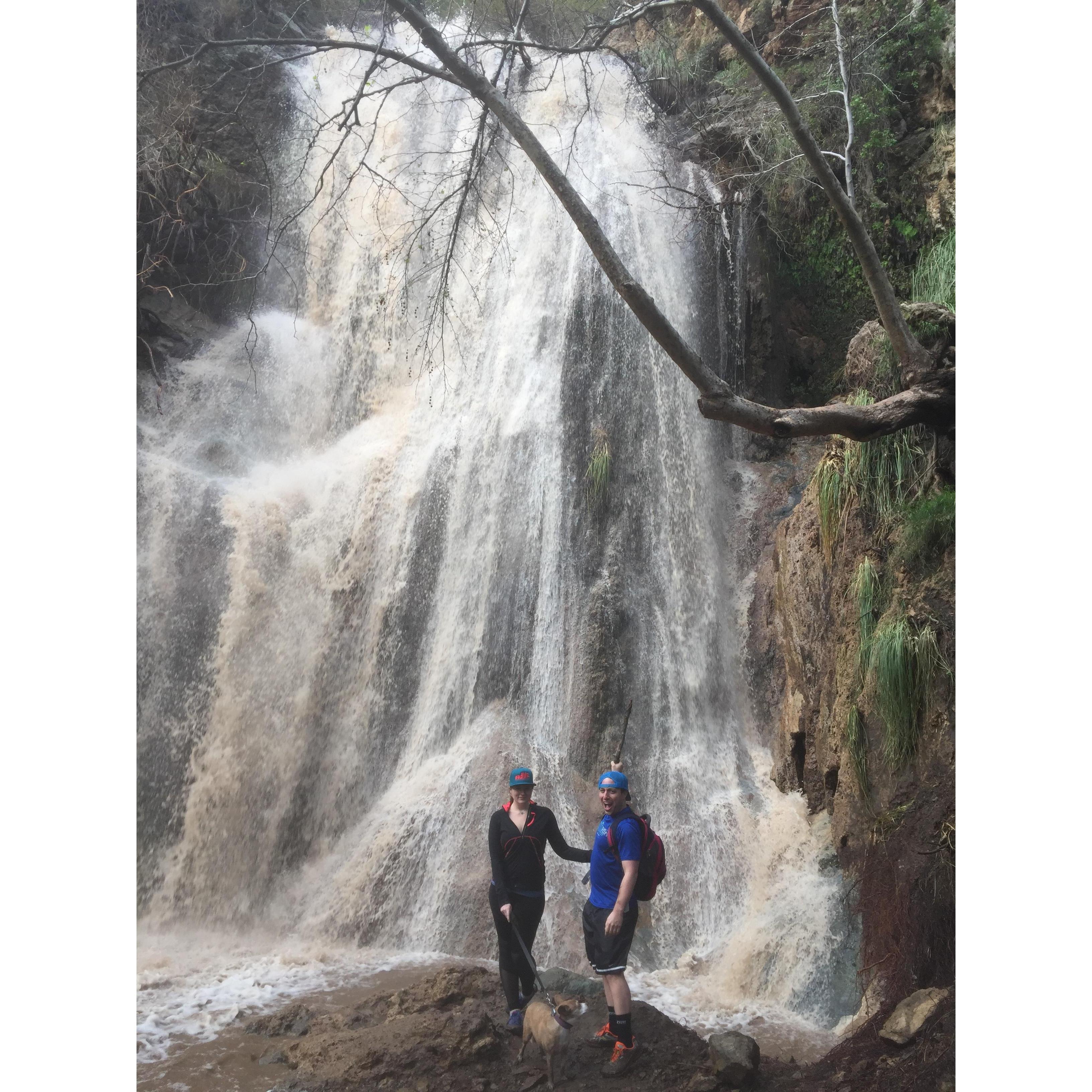 Jenny dragging a dog and RC to a water fall hike in LA 2017