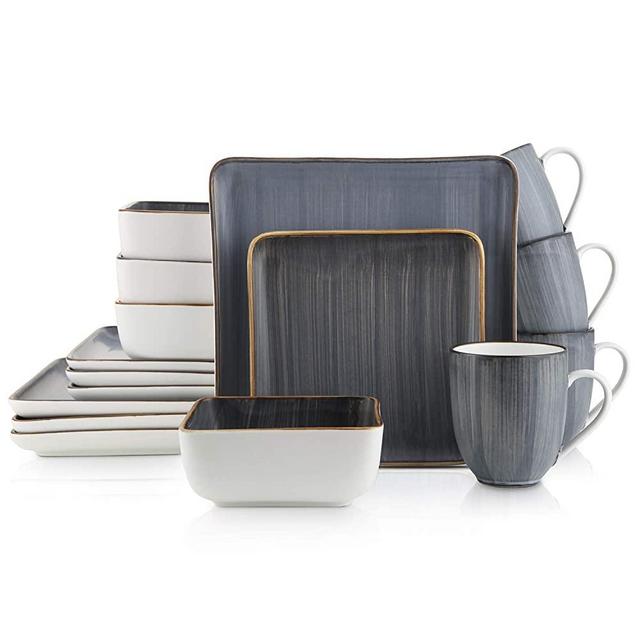 Stone Lain Brushed Square Porcelain Dinnerware Set, Service For 4, Gray