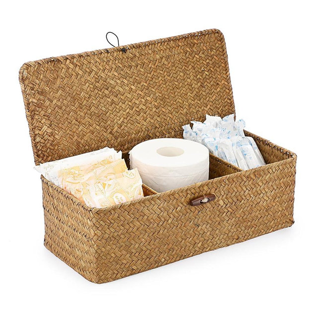 Sumnacon Small Woven Basket for Shelf Wicker Shelf Storage Basket with Sections Seagrass Storage Basket with Lid for Tampon Toiletry Rectangular Storage Basket for Shelf Bathroom Table Desk Caramel