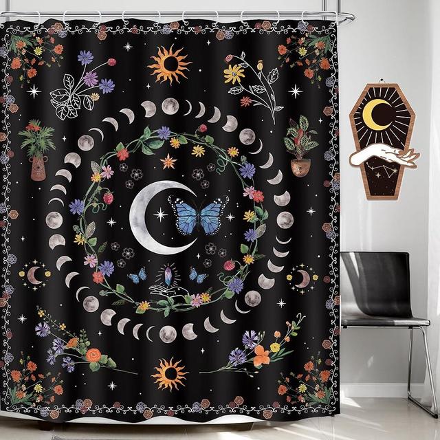 LGhtyro Witchy Boho Hippie Moon Phase Shower Curtain Bathroom Set 60Wx71H Inches Starry Night Abstract Sun and Moon Crescent Butterfly Black Bath Aesthetic Flower Plant Home Decor Fabric 12 Pack Hooks