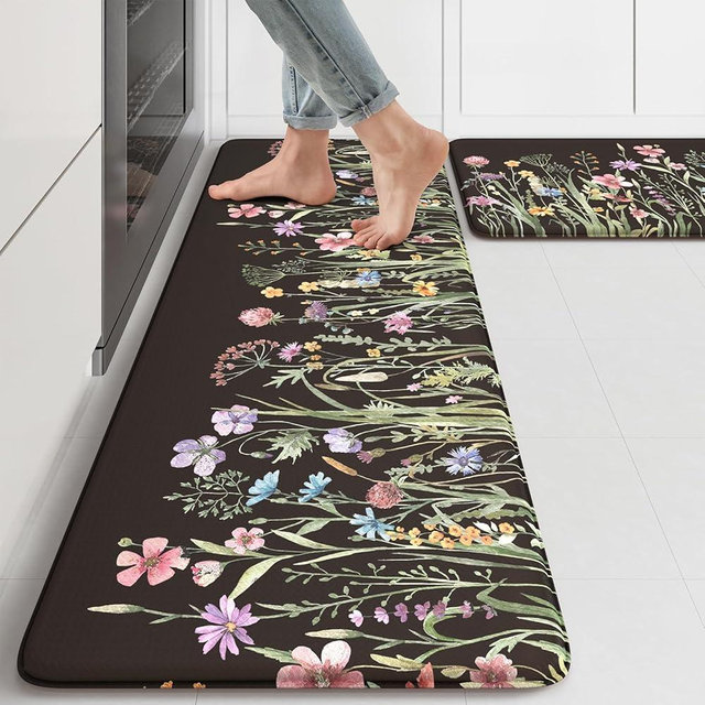 KIMODE Anti Fatigue Mats for Kitchen Floor 17"x47"+17"x29", Farmhouse Floral Kitchen Rugs Sets of 2, Cushioned Kitchen Floor Mats, Non Slip Standing Mat for Sink, Laundry, Office, Desk Black