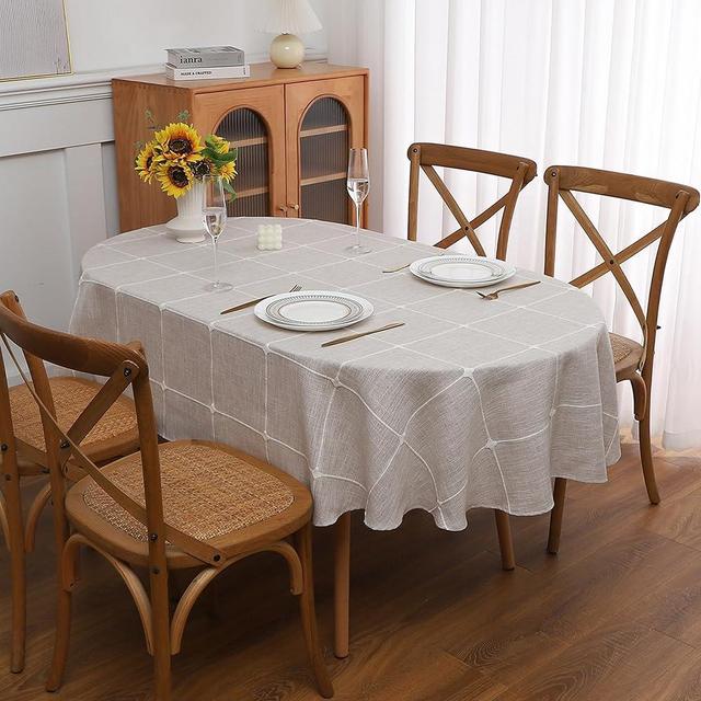 Gernaice Plaid 60x84 Inch Oval Tablecloth, Farmhouse Embroidered Fabric Checkered Table Cloth, Dust Proof Wrinkle Free Washable Table Cover for Party Kitchen Dining Picnic, Brown