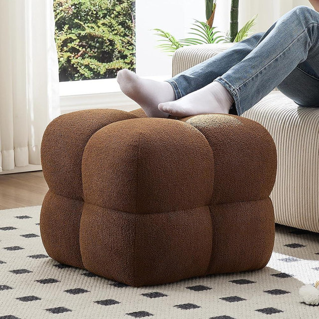 ONEVOG 21" Rust Brown Modern Ottoman, Square Fuzzy Couch Sherpa Pouf Ottoman, Tufted Fluffy Boucle Fabric Foot Stools, Upholsered Footrest & Coffee Table for Living Room Bedroom, Cute Pouf Home Decor