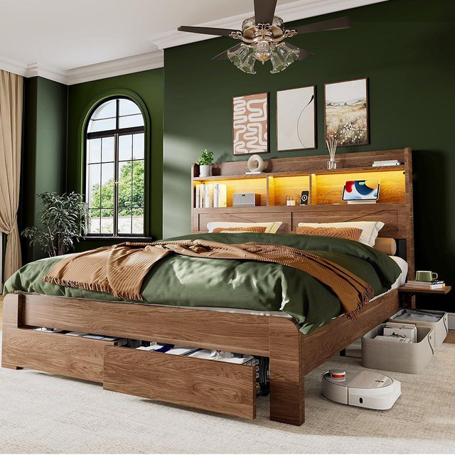 RAYROMAN Queen Bed Frame with 2-Tier Storage Headboard, LED Lights, Charging Station, 2 Drawers, 900lbs Capacity, Wood & Metal Platform, Noise-Free, No Box Spring Needed, Barn Door Design