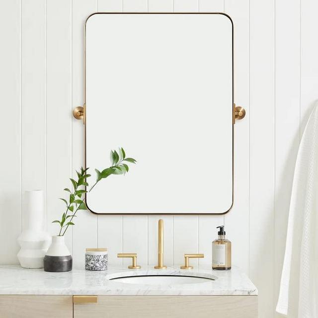 MOON MIRROR 20" x 28" Brushed Gold Metal Framed Pivot Rectangle Bathroom Mirror for Wall Mounted, Tilting Rounded Corner Rectangular Vanity Mirror Hangs Vertical（Overall 23.75" x 28"）