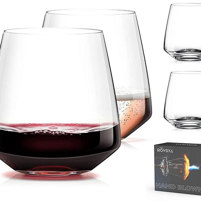 Stemless Wine Glasses Set of 4 - 13.5oz，Hand Blown Crystal Red White Wine Glasses - Unique gifts for him/her for wedding, birthday, Christmas, father's day, anniversary - clear.