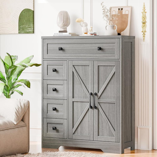 Vabches Farmhouse Storage Cabinet with 2 Doors and 5 Drawers, Freestanding Bathroom Cabinets Kitchen Pantry, Floor Storage Cabinet Hutch Cupboard for Living Room/Bathroom/Kitchen.Wash Grey