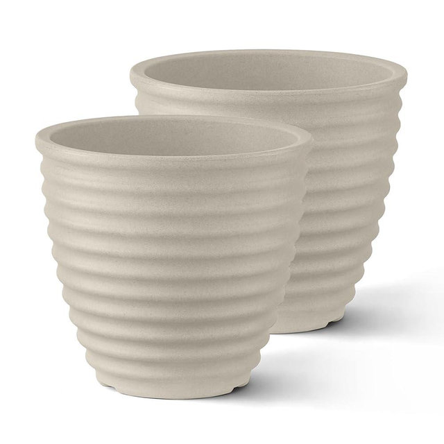 ARBORA Ibiza 13" Round Polyresin Planters 2-Pack – Plant Pots for Indoor or Outdoor Use, Durable All Weather, Lightweight Garden Pots with Drillable Drainage Holes (Cream) – Patio, Porch, Front Door