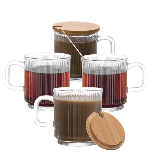 HUAHANGNA Vintage Coffee Glass Mugs for Hot Beverage - Ribbed Short Latte Cups Set of 4, Clear Tea Cup with Bamboo Lid and Spoon, Ideal for Dessert, Pudding, Ice Cream, Yogurt, Cappuccino, Espresso