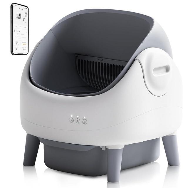 Open-Top Self Cleaning Litter Box, Automatic Cat Litter Box with APP Control, Dual Safety Sensors, Includes Trash Bags, Grey-White