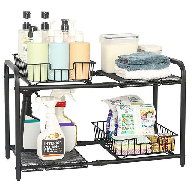 Expandable Under Sink Organizers and Storage, Under Sink Storage Shelf with 2 Slide-out Baskets, Adjustable Under Sink Cabinet Racks for Bathroom Kitchen,Black