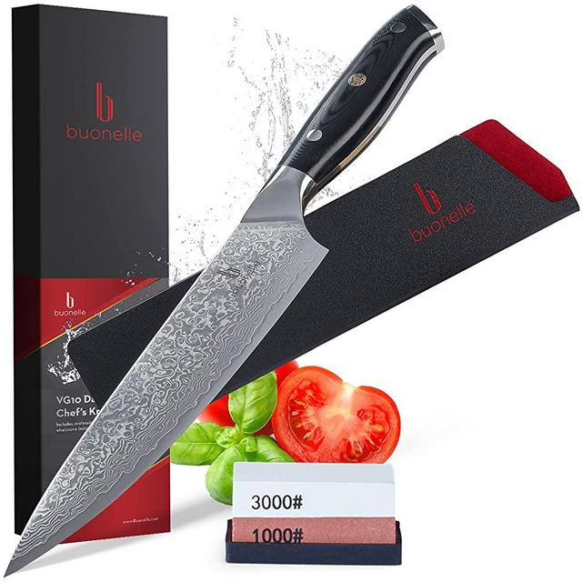 Damascus Chef Knife with Whetstone Sharpener – 8 inch Professional VG10 Chefs Knife – Full Tang Sharp Japanese Chef Knife with G10 Handle and Protective Sheath