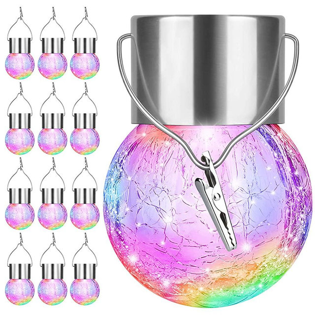 12Pack Outdoor Hanging Solar Lights - Cracked Glass Solar Lights Waterproof LED Decorative Ball Lights Tree Solar Powered Globe Lights with Hook for Garden Yard Umbrella Holiday Decoration, Multicolor