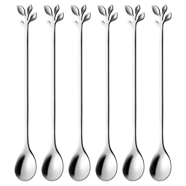 Long Handle Iced Tea Spoons set, AnSaw 6 Pcs 7.4" Ice Cream Spoon, Creative Silver Leaf Cocktail Stirring Spoons, Premium Food Grade Stainless Steel, Mirror Finish & Dishwasher Safe (Silver, 6 Spoons)