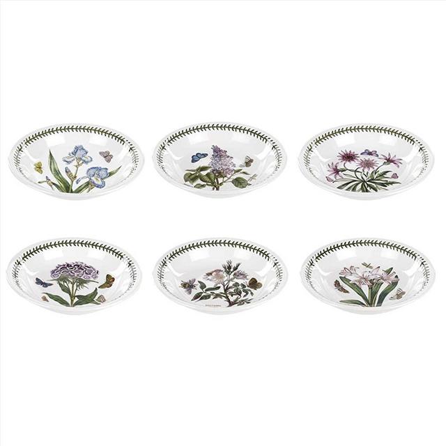 Portmeirion Botanic Garden Collection Pasta Bowls - (6) Assorted Motifs - Dishwasher, Microwave, Warm Oven Only and Freezer Safe - Made in England