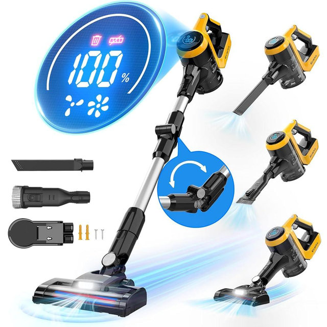 Cordless Vacuum Cleaner for DeWalt 20V Battery, 30KPa 180° Bendable Wand 6 in 1 Lightweight Stick Vacuum Smart Screen 350W Brushless Motor Hardwood Floor Floor Pet Hair Carpet(Battery not Include)