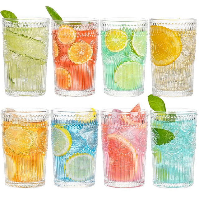 Claplante Vintage Highball Glasses, Set of 8 Glass Drinking Glasses, 13.5 oz Durable Drinkware Cups for Cocktails, Water, Juice, Beer, Wine-Special Edition Glassware Set, Dishware, Dishwasher Safe