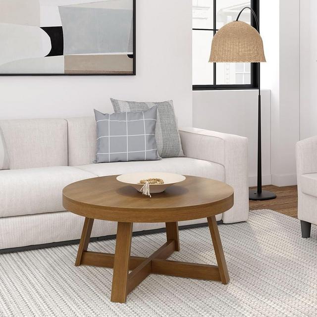 Plank+Beam Classic Round Coffee Table, 36 Inch Farmhouse Coffee Table, Rustic Mini Center Tables for Small Spaces, Small Living Space Tea Table, Pecan Wirebrush