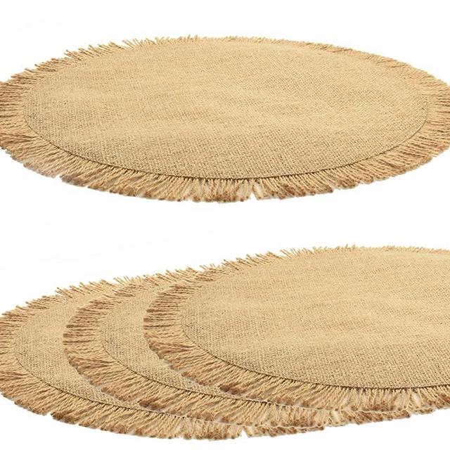 ANQLRMD Burlap Round Placemats Set of 4 Spring Decor, Boho Natural Jute with Fringe Table Mats for Dining Table, Rustic Farmhouse Table Circle Placemats Dia 15", Indoor& Outdoor Eco-Friendly