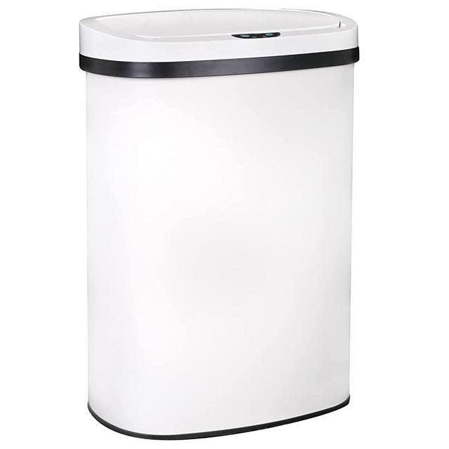 Kitchen Trash Can Office Bathroom Bedroom Waste Bin with Lid Automatic Sensor Touch Free Stainless Steel Garbage Can 13 Gallon / 50L,White
