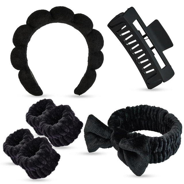 Yaqulen 7 Pcs Spa Set, Facial Headband and Wristband Set, Skincare Accessories, College Style Girl Idea Gifts, Hair Accessories for Women and Girls (Black)