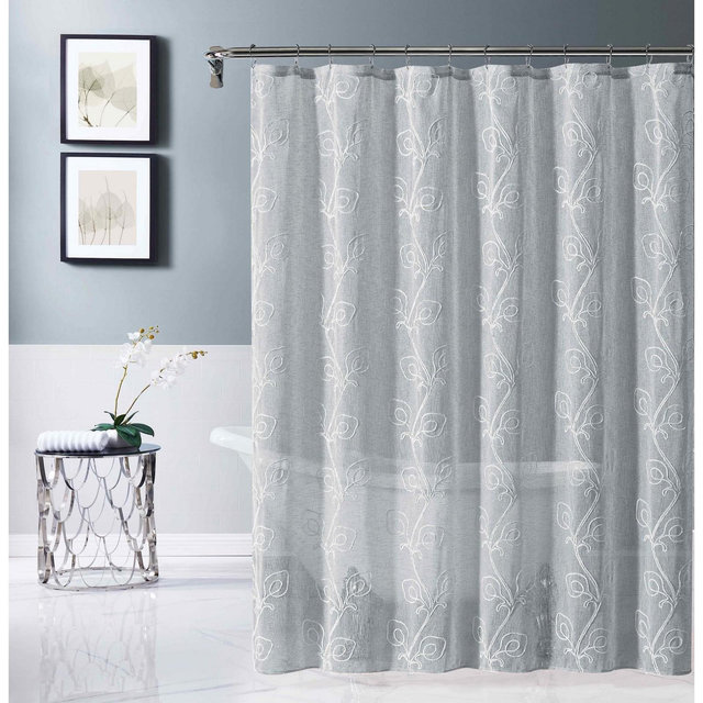 Dainty Home Stella 3D Floral Chenille Embroidered Linen Textured Shower Curtain - Silver