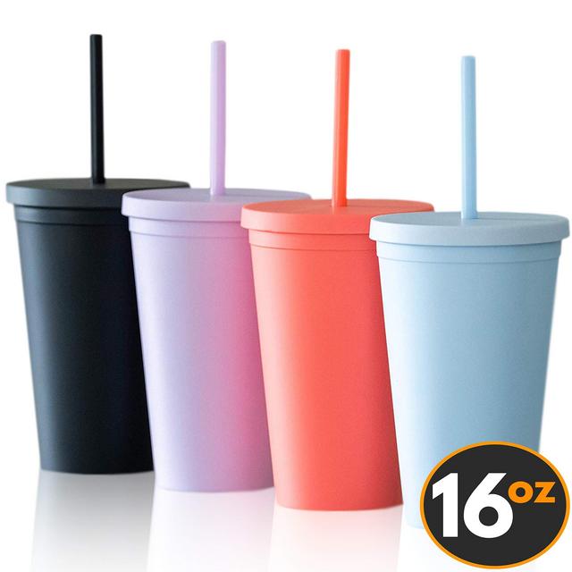 Tumblers with Lids (4 pack) 16oz Colored Acrylic Reusable Cups with Lids and Straws | Double Wall Matte Plastic Bulk Tumblers With FREE Straw Cleaner! Vinyl DIY Gifts