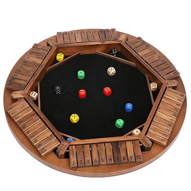 plusvivo Shut The Box Game for 1-6 Players, Large Round Wooden Board Dice Game with 14 Dice for Adults and Kids, 6 Way Puzzle Math Game for Home Classroom or Pub
